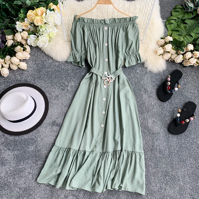 

Boho Button Sexy Ruffles Off Shoulder Summer Midi Long Bandage Dress Party Women Casual Tie High Waist Beach Holiday Vestidos