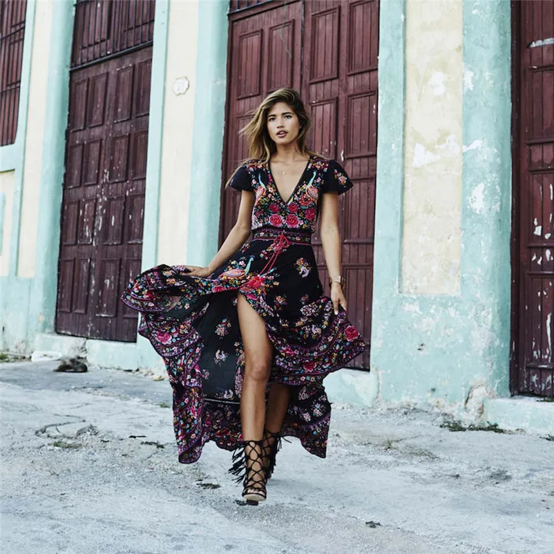 HOT sell Fashion summer dress 2018 beach dress Print Floral Retro Palace V-Neck Evening Party Dress vestido de festa Y03#N (8)