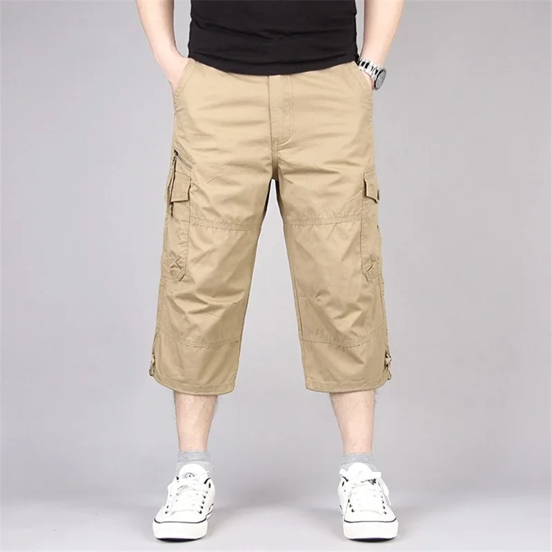 

Summer Mens Military Baggy Cargo Pants Multi Pocket Calf Length Elastic Waistband Military Capri Beach Board Trousers