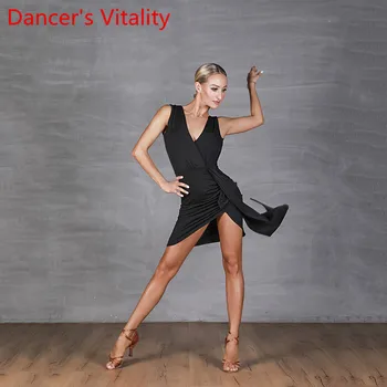 

Fashion Women Latin Dance Training Clothes Black Ribbon Backless V Neck Dress Samba Tango Cha Cha Dancing Performance Costume