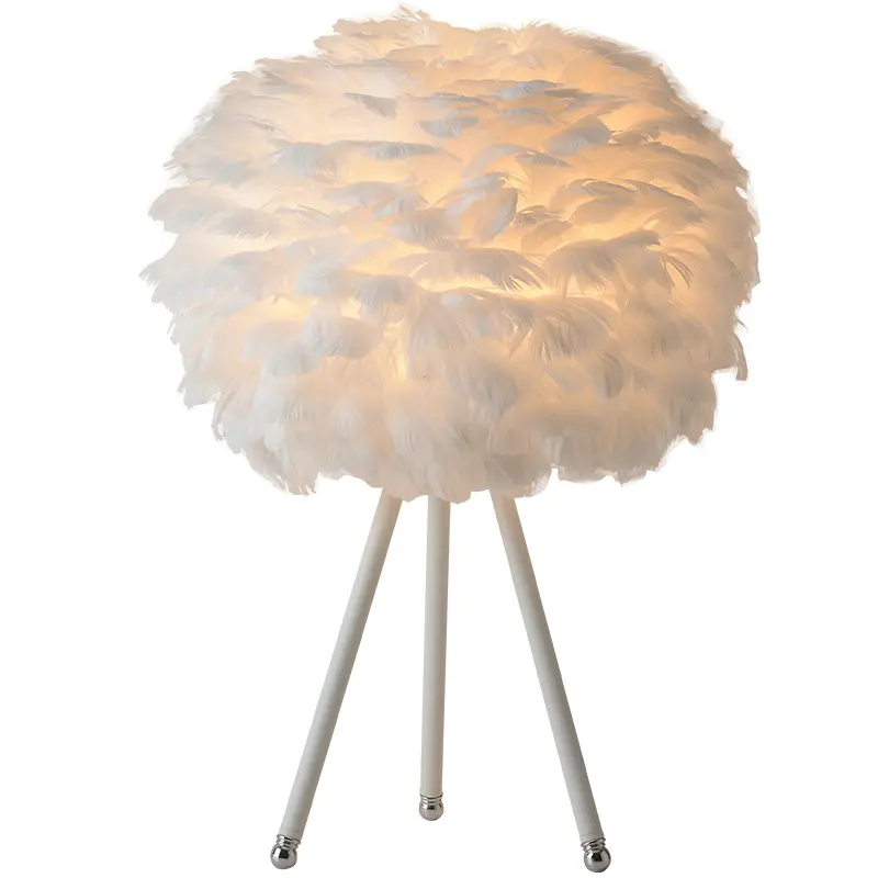 

Pure White Feather Table Lamp with EU/US Plug in Wedding Livingroom Bedroom Bedside Decor Fixture LED Tripod Desk Standing Light