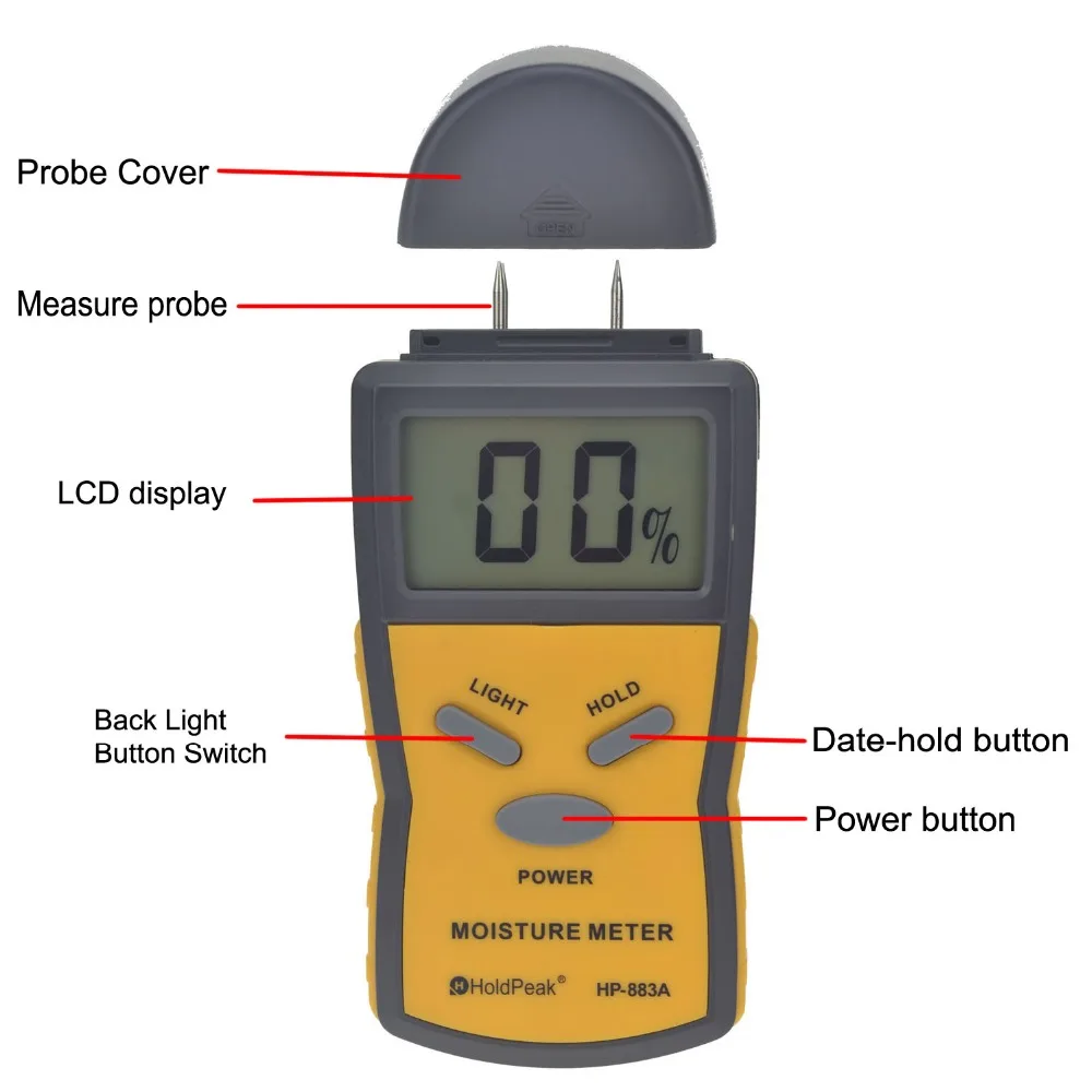 HoldPeak HP-883A дерево влаги СВЕТОДИОДНЫЙ Индикатор прибора зонд измерения Tpye 50 мм Глубина индукции задний свет хранение данных Автоматическое отключение питания