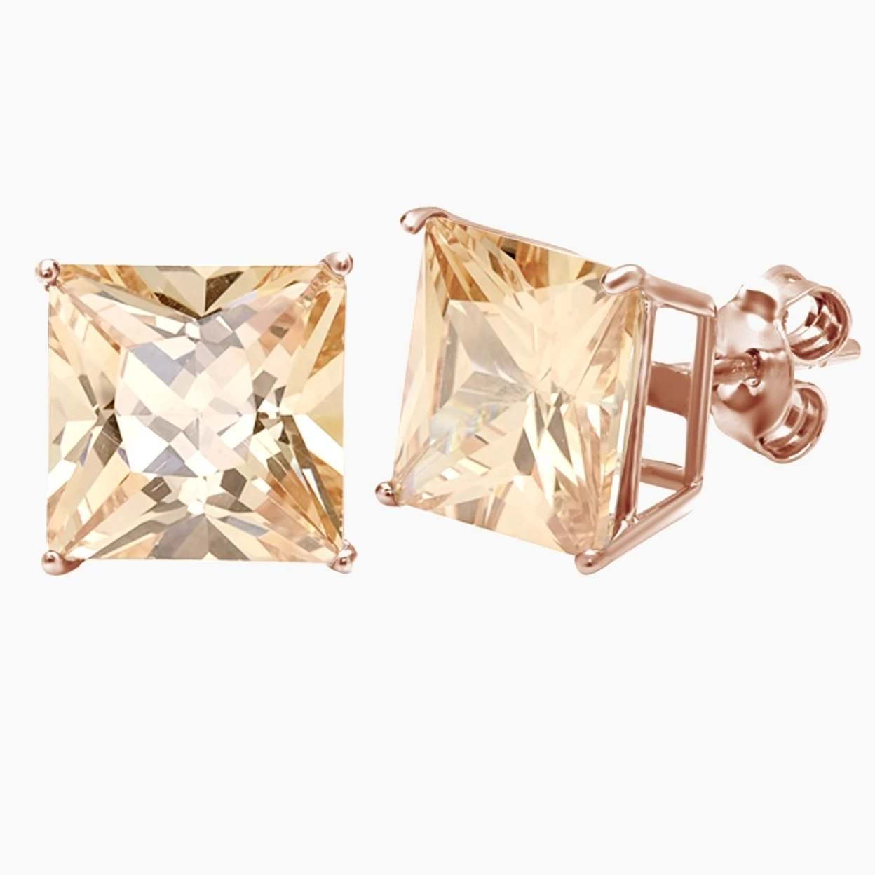 14K Rose Gold Finish Princess Cut Morganite Stud Earrings 4-Prong Set 5.4ct #With Free Stud