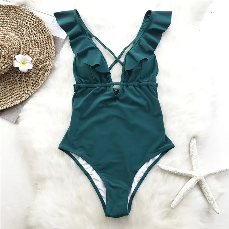 Bikini Sexy Traje De Verano Vestido Push Up Con Cuello En V Volante De Color s�lido Bikini De Una Pieza