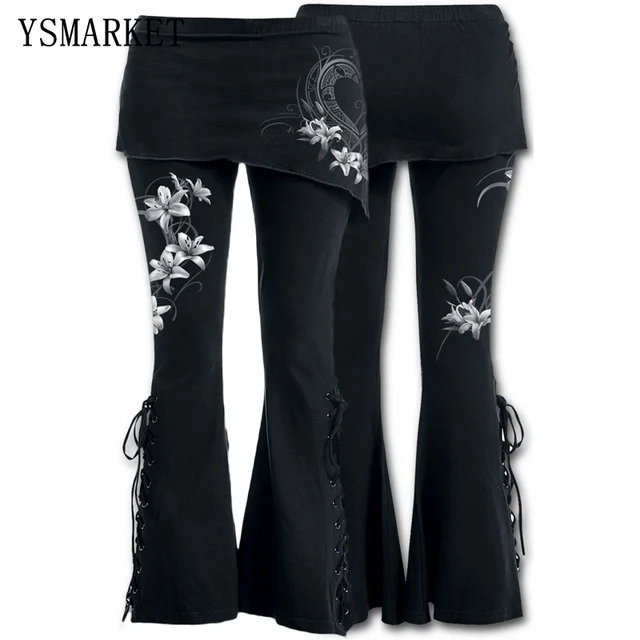 US $19.80 YSMARKET S-5XL Women 2 in 1 Boot Cut Leggings Plus Size Micro Slant Skirt Pants Gothic Punk Lace Up