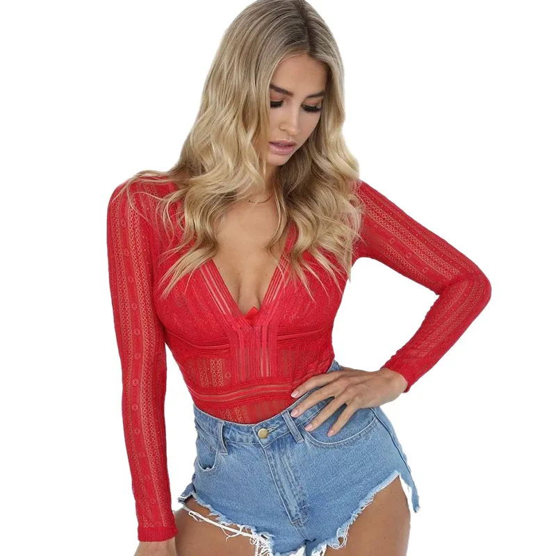Women Slim Transparent Lace Bodysuit Back Hollow Bodycon Club Wear Rompers Sexy Deep V-Neck Lace Mesh Crochet Bodysuit