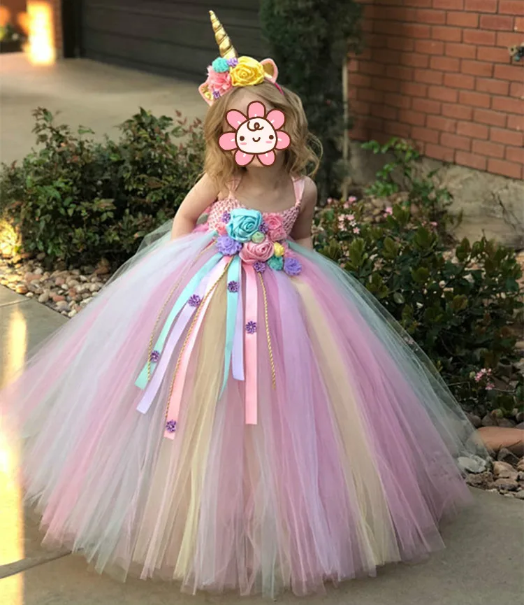 

Flower Girls Unicorn Tutu Dress Pastel Rainbow Princess Girls Birthday Party Dress Children Kids Halloween Unicorn Costume 1-14y