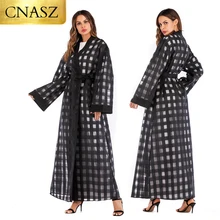 Мусульманский ОАЭ с длинным рукавом Дубай черный плед abays для женщин кимоно кардиган хиджаб платье Исламская одежда