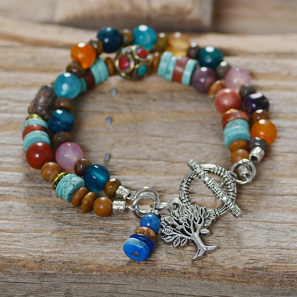 Уникальный 2 нити бусы браслеты многоцветный натуральный камень браслет жизнь