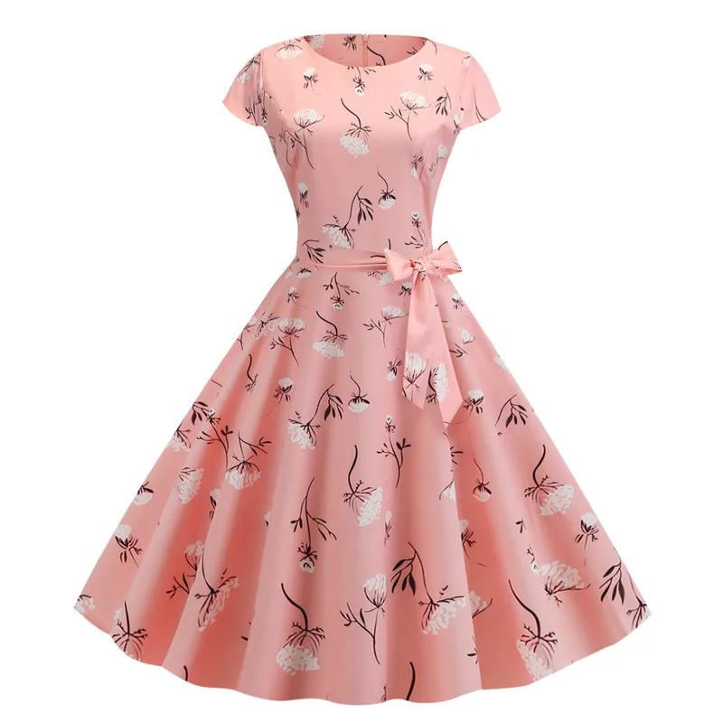 Розовое летнее платье в горошек, новая мода, короткий рукав, o-образный вырез, 50 s, 60 s, Ретро стиль, пинап, рокабилли, длина до колена, повседневное, Свинг - Цвет: JY13959