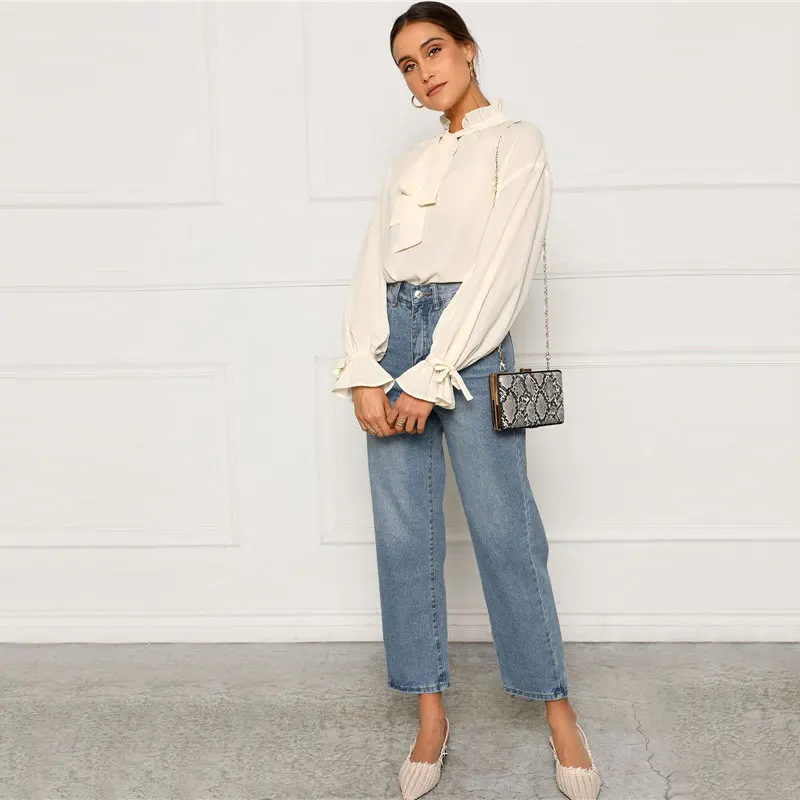 15498656651200421698  - HTB1SeFYbfvsK1RjSspdq6AZepXaU - SHEIN Ruffle Tie Pescoço E Folho Luva Partes Superiores Das Senhoras Blusa Mulheres Primavera Gola Sólida Elegante Workwear Tops E Blusas