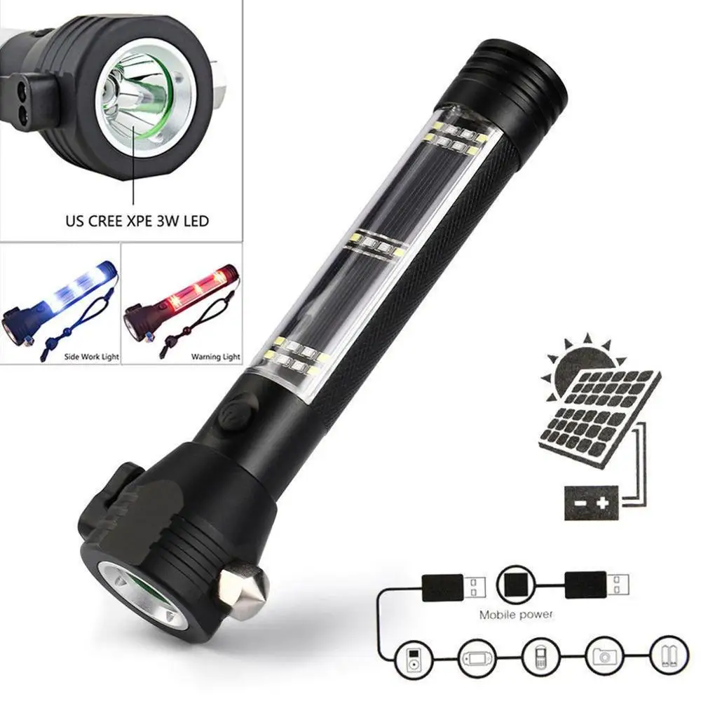 야외 서바이벌 USB 충전식 태양열 발전 다목적 전술 손전등, 비상 유리 브레이커, 캠핑 자동차 토치, 10 인 1