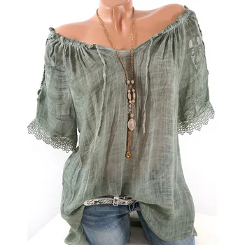 

2019 Spring Summer Shirts Korean Clothes Women's Slash Neck Off Shoulder Short Sleeve Lace Shirt Casual Plus Size 5XL Tops Green