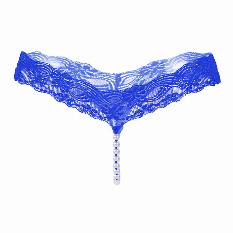 Сексуальное женское белье, стринги и стринги, трусы с вырезами, кружевные трусики с жемчугом, эротическое Прозрачное нижнее белье для секса - Цвет: Blue