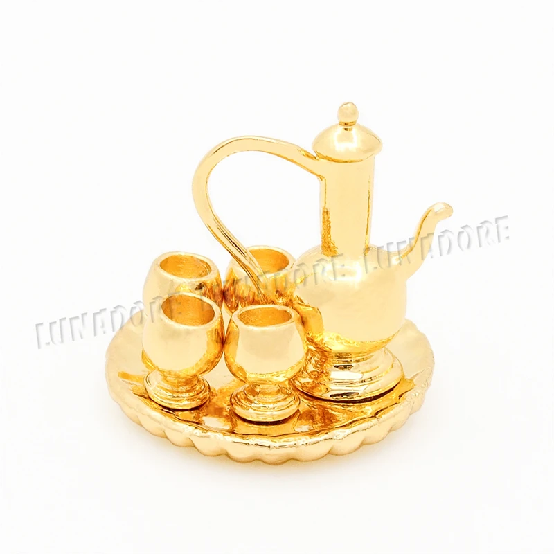 

Odoria 1:12 Miniature Vintage Metal Arabic Pitcher with 4 Goblets and Tray Wine Set Tableware Dollhouse Kitchen Accessories