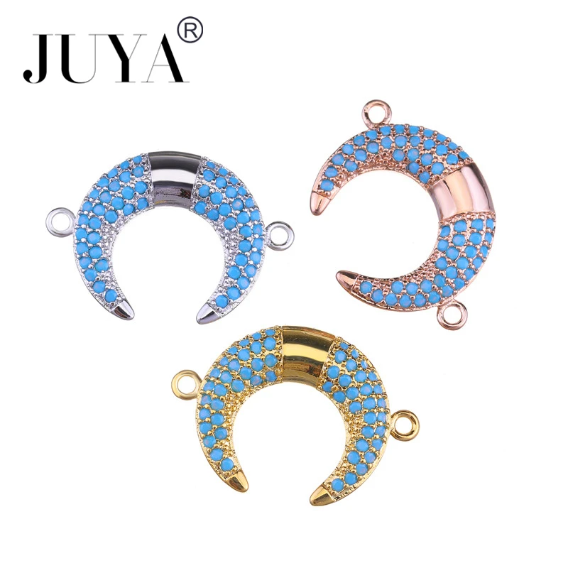 

JUYA Luxury Bracelet Collier Accessories Copper Ox Horn Connectors for Jewelry Making Blue Zircon Rhinestone Pendants For Women