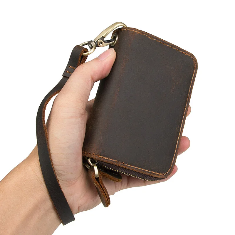 

MAHEU Zipper Genuine Leather Key Wallet Coin Card Zip Wallets With Wrist Sling Belt Short Wallets For Key Real Leather Key Bag