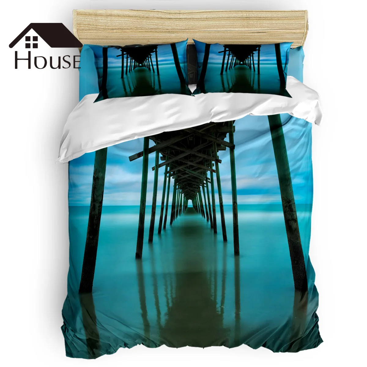 

BIGHOUSES Duvet Cover Set Carolina Scenery Piling Wood Surface Duvet Cover 4 Piece Bedding Set