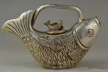 

Collectible Decorated Old Handwork tibet silver Carved coin fish tea pot