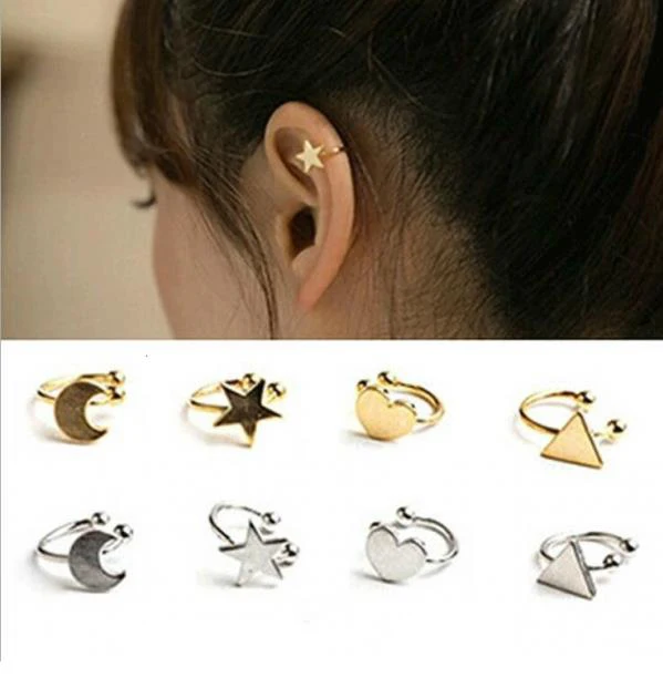 

2019 News Punk Girls Gold Earrings Heart moon Flower Cross Star Ear Cuff Earrings Clip Earrings For Women Wedding Jewelry 1E359