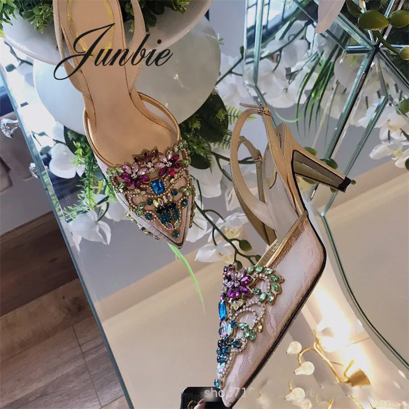 

JUNBIE New Genuine Leather Crystal Jewel Summer Sandals Sexy Pointed Toe Thin HIgh Heel Pumps Shoes Women