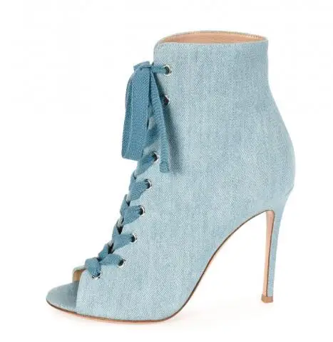 New fashion blue lace-up sexy peep toe women boots spring and autumn stiletto high heels mid-calf height any situation hold on