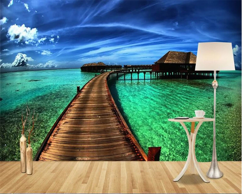 

beibehang Fashion high quality waterproof wallpaper house sea bridge deck sky cloud scene background wall papel de parede tapety
