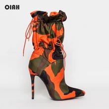 Г., осенне-зимние женские ботинки с острым носком и шнуровкой из лайкры Модные ботильоны обувь на шпильке женская обувь, Sapatos