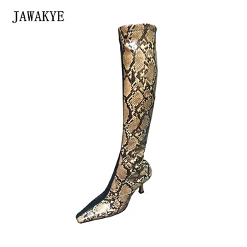 

New Sexy Snakeskin knee High boots Women Square toe Special high heels winter boots Shoes Woman fashion Stretch long booties