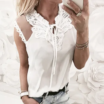 

Women Chiffon Mesh Hollow out Lace Shirt Floral Patchwork Sleeveless Lace up Ruffled Collar Blouse 2020 Summer Female Slim Tops