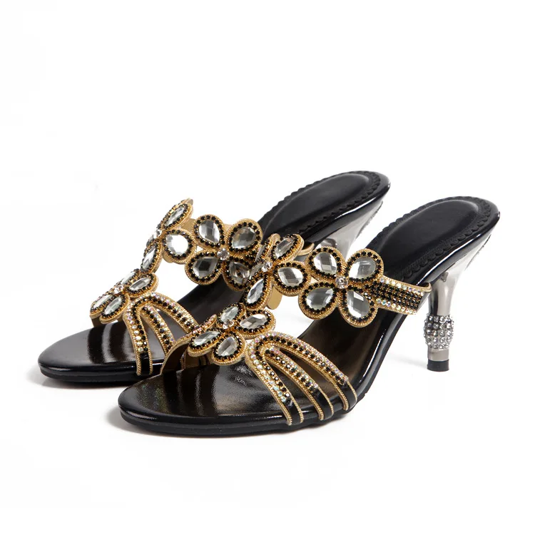 G-sparrow 2018 Women Summer Fashion Diamond High Heeled Slippers Ladies Crystal Peep Toe Shoes Golden Purple Black 8cm10