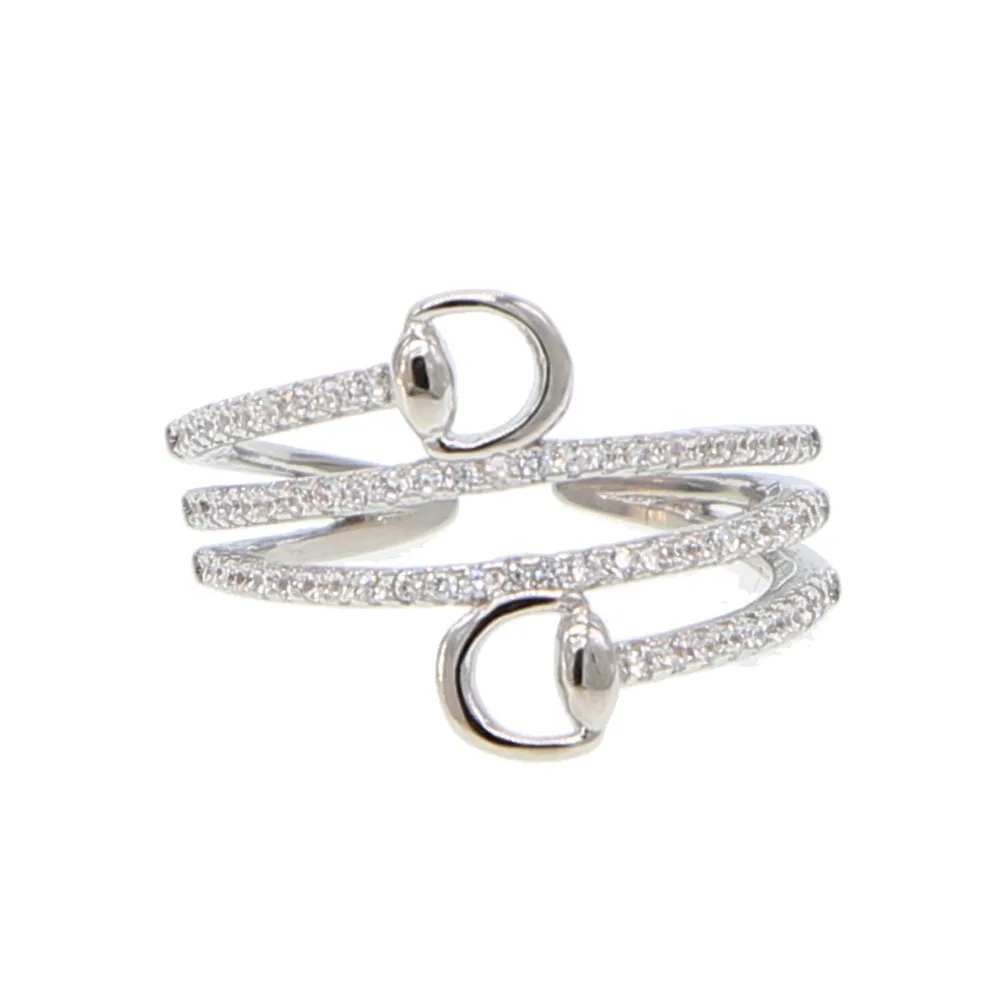 

OPEN adjust size multi layer horse lover snaffle bit ring silver color micro pave sparking bling clear cz finger rings