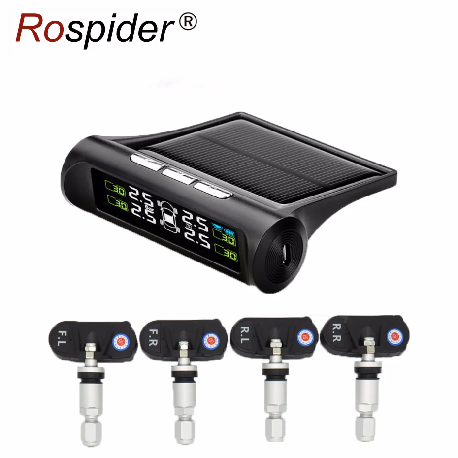 

Solar Power TPMS Car Tire Pressure Alarm Monitor System 4 Internal Sensor Temperature Alarm Rospider T06N