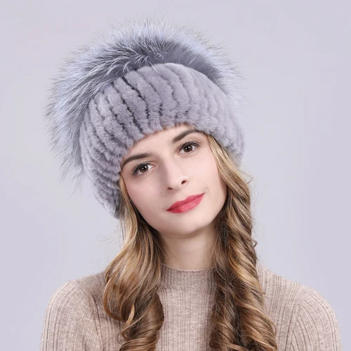 Outdoor Women Warm Soft Genuine Rex Rabbit Fur Hat Knitted Natural Real Sliver Fox Fur Caps Winter Real Rabbit Fur Beanies Hats - Цвет: color 14