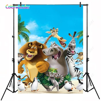 

Madagascar Photography Background Jungle Animals Lion Alex Dancing on Beach with Tropical Tree Kids Birthday Party Backdrops
