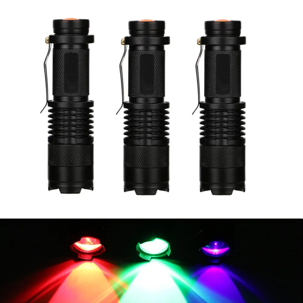 

Red/Green/Purple UV Flashlight Portable Mini Torch 3 Modes Zoom Tactical Adjustable Focus Lamp AA/14500 For Hunting Camping