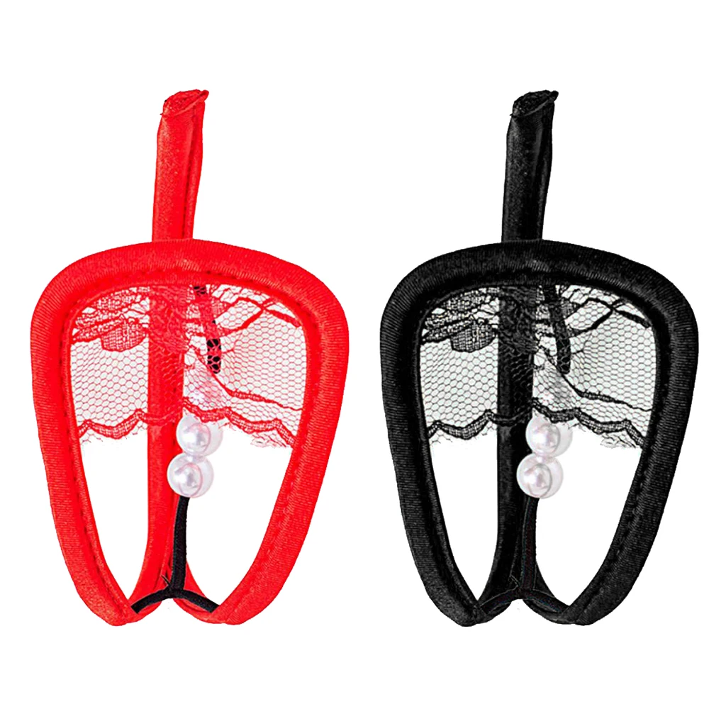 Women's Sexy Pearls Lace C String Thong Invisible Underwear Lingerie Red/Black
