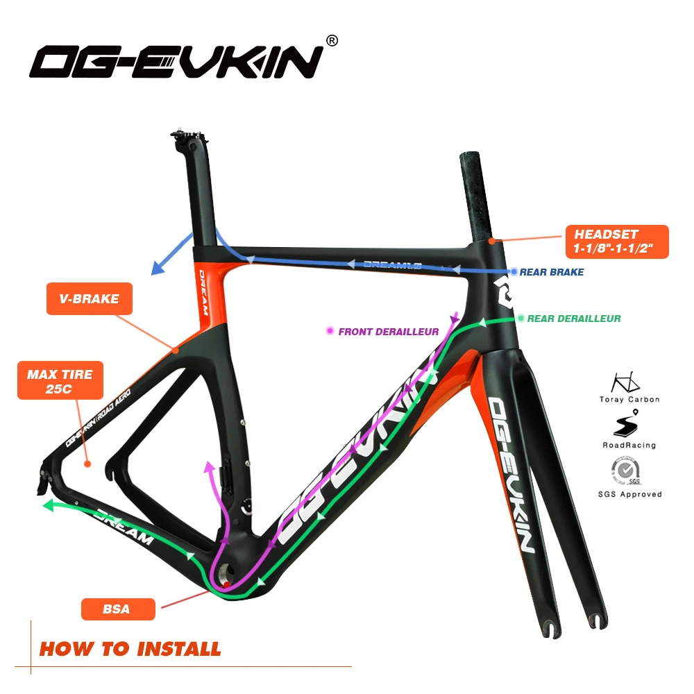 Excellent OG-EVKIN CF-024-OR Carbon Road Frame Di2&Mechanical Carbon Frame Bicycle Road Bike Frame Racing Bike Frame Fork+Seatpost+Headset 2