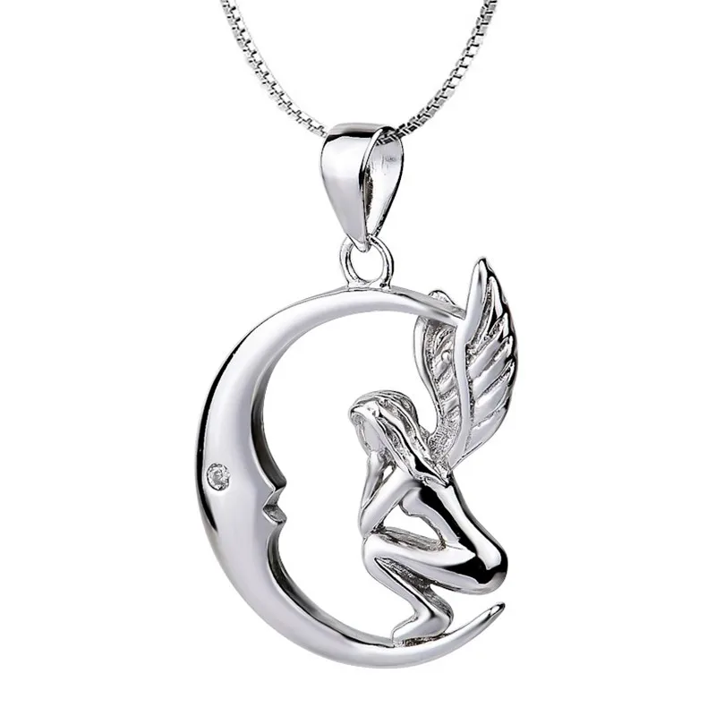 Moon and Angel design pendant necklace for women sterling silver jewelry GND0556 (1)