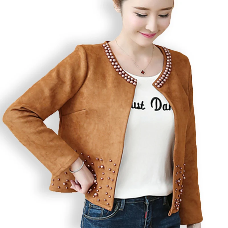 incredible Spring Jacket Women Plus Size 4XL Basic Coat Deer Leather Rivet O-Neck Short Slim Pearls Jackets Op