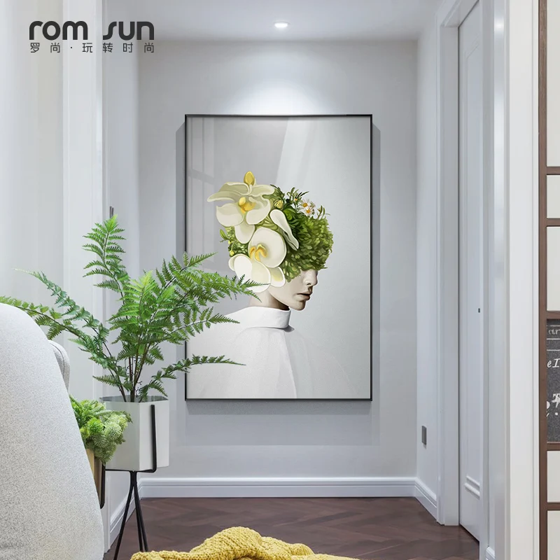 

Modern Character Poster and Print White Flower Girl Canvas Painting for Living Room Aisle Nordic Green Leaf Man Wall Art Picture