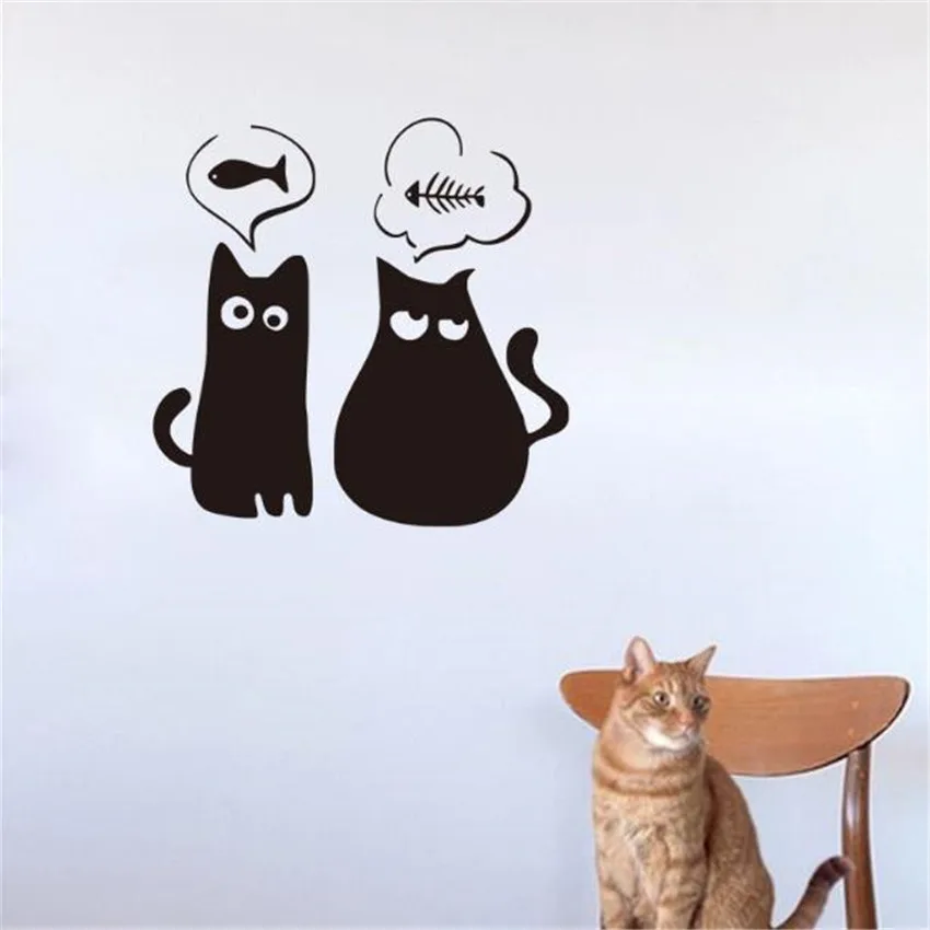 Cute Two Hungry Kittens Vinyl Wall Stickers Cats Funny Wall Decals For