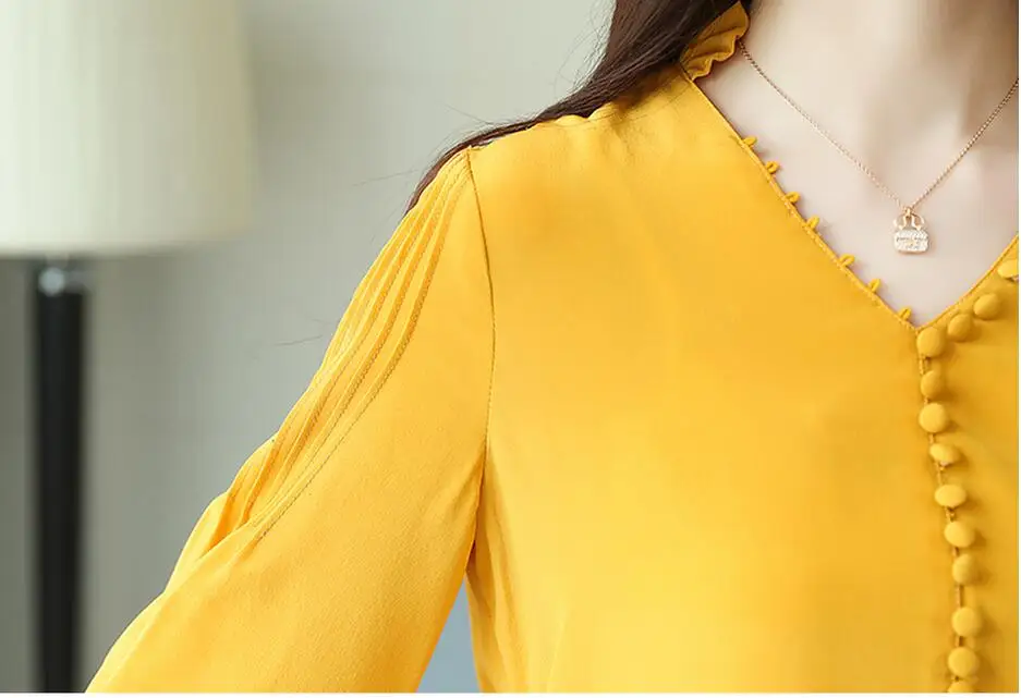 Осеннее Новое поступление Высококачественная модная женская шифоновая блузка с v-образным вырезом и длинным рукавом