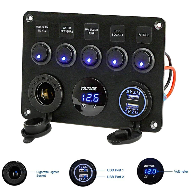 

5 Gang Marine Boat LED Rocker Switch Panel Digital Voltmeter Dual USB Port 12V Power Outlet Circuit Breaker for BMW E46 Audi A4