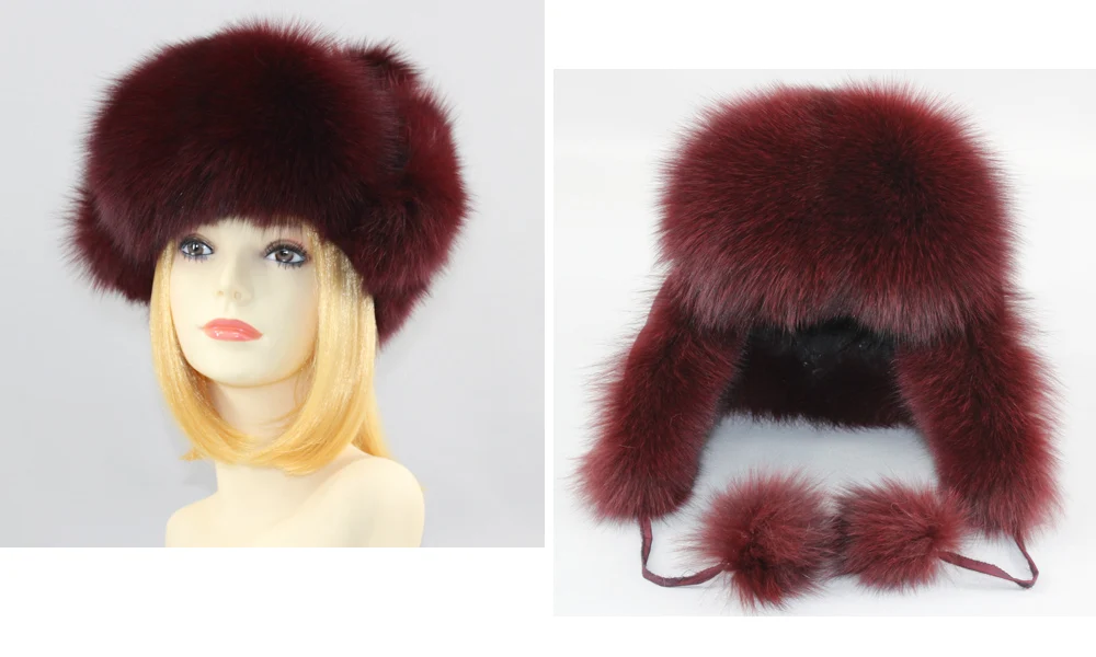 New Winter Women Lovely Real Fox Fur Hats Natural Fox Fur Winter Quality Thick Warm Fox Fur Bomber Hat