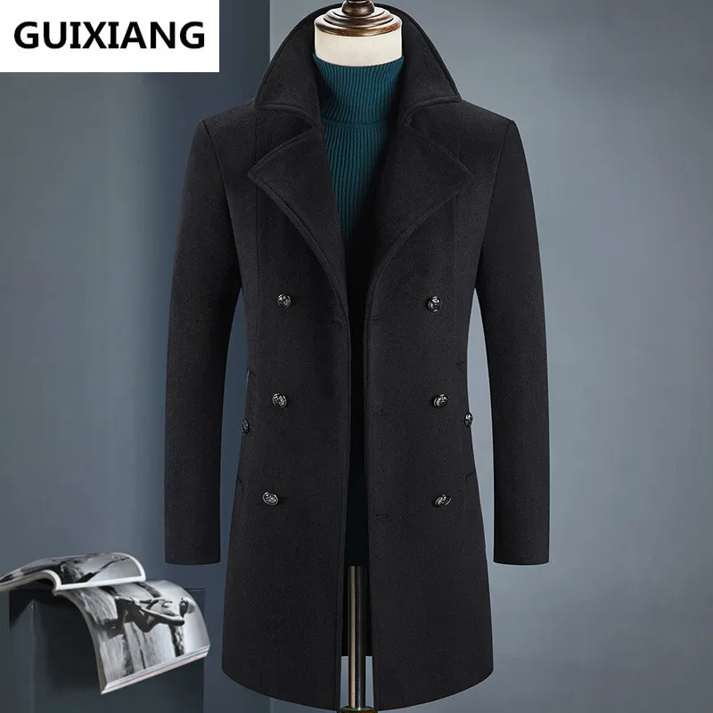Зимний двубортный мужской модный утолщенный Тренч Куртка мужская Повседневная ветровка шерстяное пальто Мужское пальто - Цвет: Черный