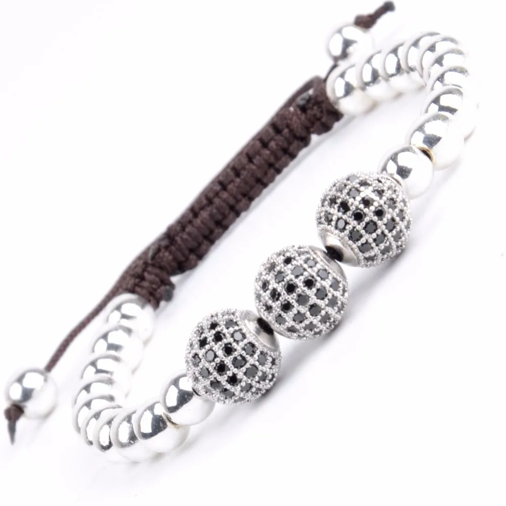 

Men Bracelets Wristband 3 Round Cz Ball Charm Bracelet Natural Stone Hematite Beads Braided Macrame Handmade Weaving Bangle