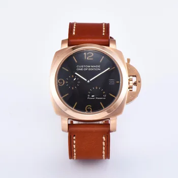 

watch bomax marina automatic 42mm Luminous Hands stainless steel gold case men's watch black dial leather strap calendar P920-14