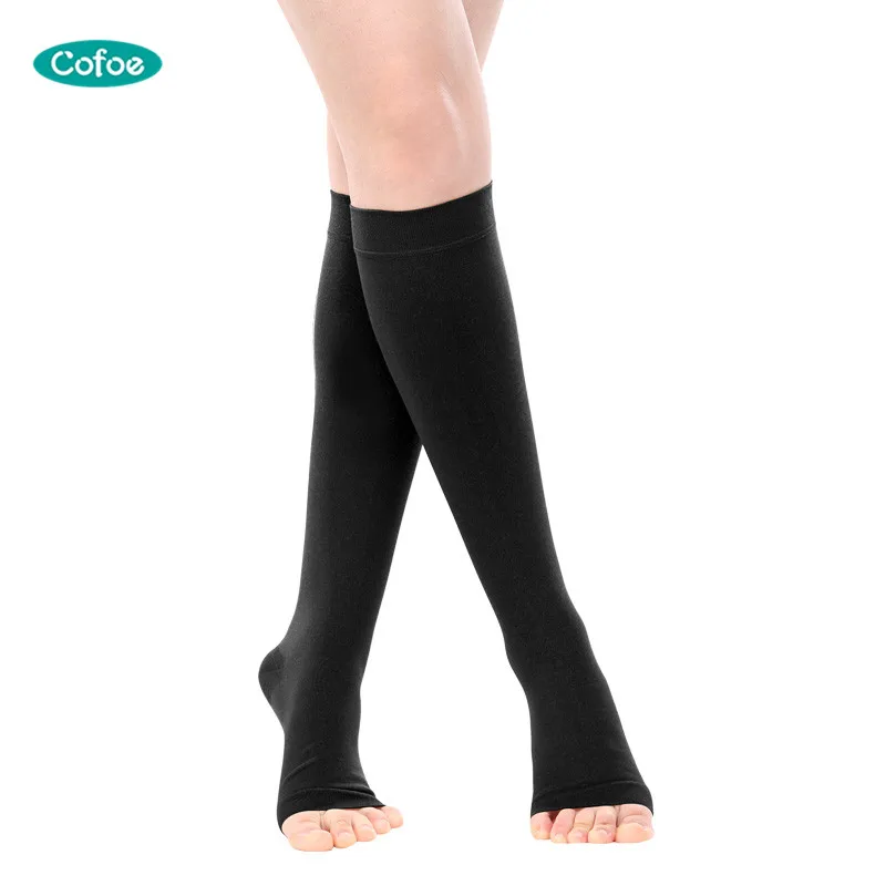 

Cofoe Medical Compression Socks Knee High Varicose Veins Socks Level 3 (34-46mmHg) Open Toe Mid-calf Black&Skin for female&male