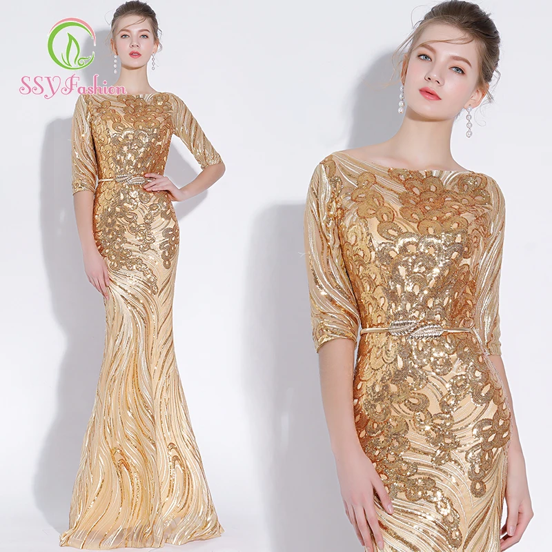 

SSYfashion Half Sleeves Zipper Back Floor-Length Mermaid Sequin Long Golden Evening Dress Custom Party Prom Gown Robe De Soiree